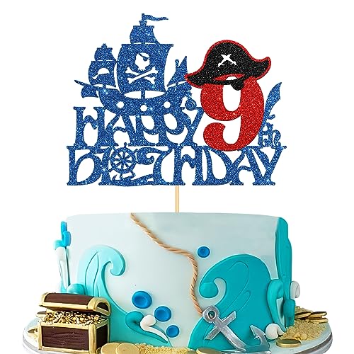 Halodete Piraten-Tortenaufsatz zum 9. Geburtstag, Schatznavigation, "Happy 9th Birthday", Totenkopf, nautisches Segeln, 9. Geburtstag, Party-Kuchendekorationen – blauer Glitzer (9. Geburtstag) von Halodete