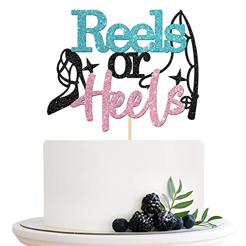Halodete Reels or Heels Cake Topper, Gender Reveal Party Cake Topper, Boy or Girl Party Decorations, Glitter Black von Halodete