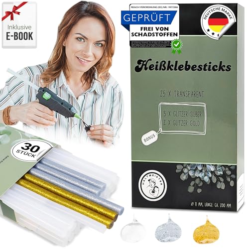 Heißklebesticks 30 Stück Ø11mm Länge: 200mm PLUS E-BOOK - 25x transparent + EXTRA gold silber GLITZER-Heißkleber, Hot melt durchsichtig, Heißklebestifte für handelsübliche Heißklebepistole von Haltmeister