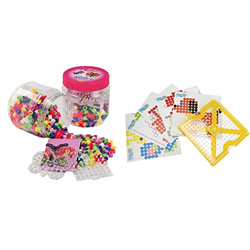 Hama Perlen 8791 Bügelperlen Dose mit ca. 400 bunten Maxi Bastelperlen mit Durchmesser 10 mm & 8282 Set mit Motiv Rahmen für Maxi Bügelperlen mit Durchmesser 10 mm, Stiftplatte und 10 Motivkarten von Hama Perlen