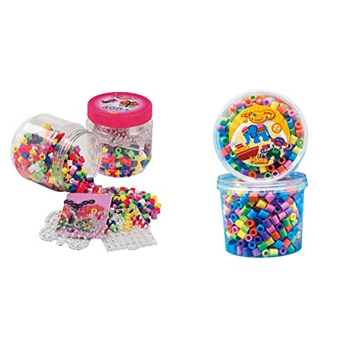 Hama Perlen 8791 Bügelperlen Dose mit ca. 400 bunten Maxi Bastelperlen mit Durchmesser 10 mm & 8571 Bügelperlen Dose mit ca. 600 bunten Maxi Bastelperlen mit Durchmesser 10 mm im Pastellmix von Hama Perlen