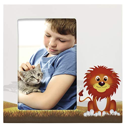 Hama Baby und Kinder Bilderrahmen Löwe Leo für Foto-Größe 10 x 15 cm (Fotorahmen aus Holz (MDF) mit Löwen-Motiv, zum Aufstellen und Aufhängen, Echtglas) weiß von Hama
