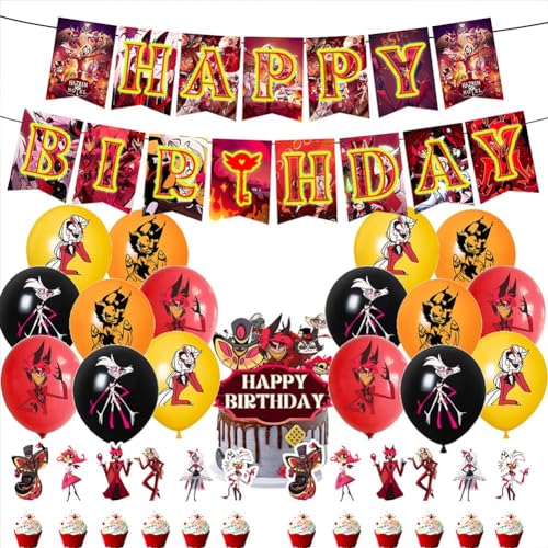 Hazbin Hotel Alastor Thema Geburtstag Party Set - Komplettes Dekorationsset mit Monogrammflaggen, Kuchenflaggen und 16 Luftballons für Überraschung Geburtstag Party Kinder Freunde (B) von Hamender
