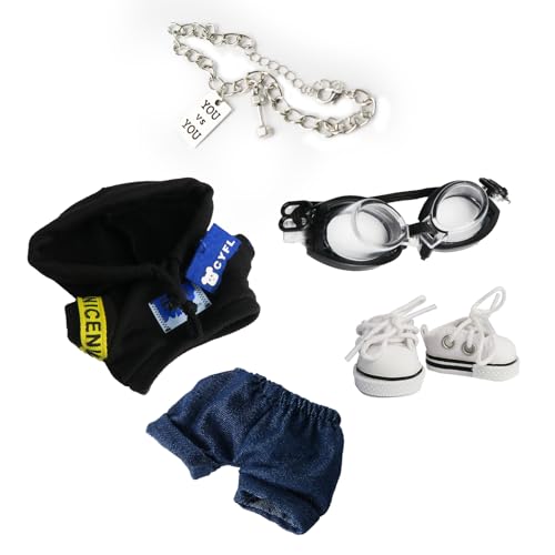 5-teiliges Streetwear-Kleidung,Bekleidung Set für 15cm & 17cm Labu Plüsch (OHNE Puppe)– Schwarze futuristische Brille + Metallkette + Schwarze Kapuzenjacke + Blaue Jeans + Schwarze Canvas-Sneaker von HamnaKhu