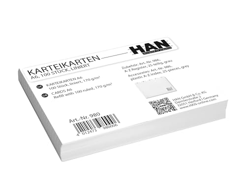 HAN Karteikarten DIN A6 quer, Karteikarton 170 g/m², für Lernboxen, liniert zum lernen, für Vokabeln, Notizen, Schule, Büro, Universität, weiß, 980, 148 x 105 mm, Art.Nr.: 980 HAN Karteikarten DIN A6 quer, Karteikarton 170 g/m², für Lernboxen, liniert zum lernen, für Vokabeln, Notizen, Schule, Büro, Universität, weiß, 980, 148 x 105 mm, Art.Nr.: 980 von HAN