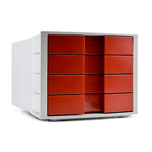 HAN Schubladenbox IMPULS 1010-X-17 in Lichtgrau/Rot / Stapelbare Sortierablage mit 4 großen, geschlossenen Schubladen für DIN A4/C4 / inkl. Beschriftungsschilder von HAN