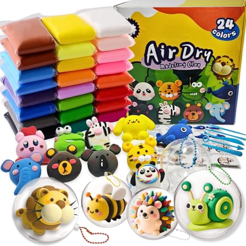 Air Dry Clay Set,24 Farben Modelliermasse Lufttrocknend mit 5 Knete Zubehör,4 Plastikkugeln zum Befüllen,Kugelketten und Tutorials,kinderknete Set,Foam Clay,Kunsthandwerk Geschenk für kinder von HanCheng