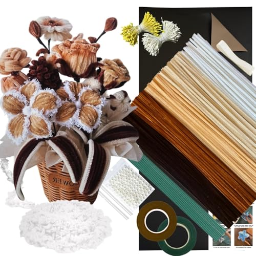5 Farben Braun Pipe Cleaner Flower Set,300 Stück Pfeifenputzer zum Basteln,mit 1 Wolle zum Pfeifenreiniger Blumen,50 Perlen,100 Staubblatt,15 Blumendraht,2 Klebeband,2 Geschenkpapier,Schleifenband von HanCheng