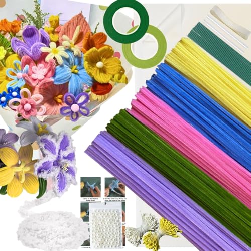 5 Farben Macaron Pipe Cleaner Flower Set,300 Stück Pfeifenputzer zum Basteln,mit 1 Wolle zum Pfeifenreiniger Blumen,50 Perlen,100 Staubblatt,15 Blumendraht,2 Klebeband,2 Geschenkpapier,Schleifenband von HanCheng