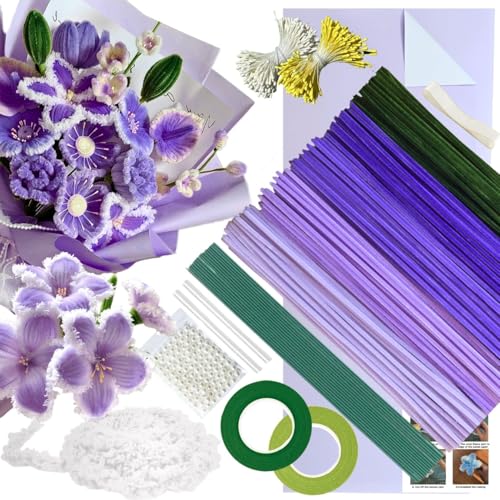 5 Farben Violett Pipe Cleaner Flower Set,300 Stück Pfeifenputzer zum Basteln,mit 1 Wolle zum Pfeifenreiniger Blumen,50 Perlen,100 Staubblatt,15 Blumendraht,2 Klebeband,2 Geschenkpapier,Schleifenband von HanCheng