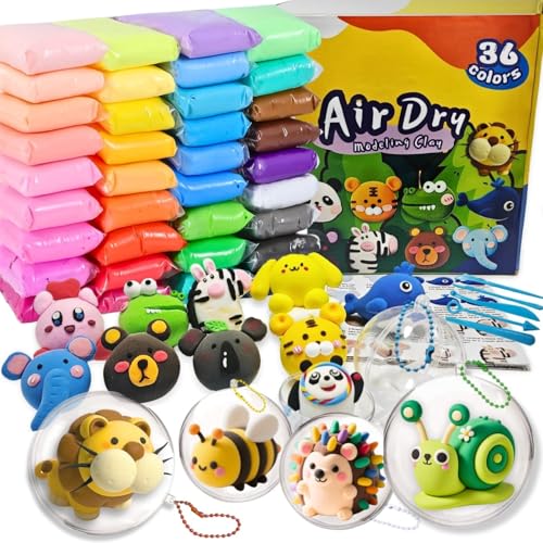 Air Dry Clay Set,36 Farben Modelliermasse Lufttrocknend mit 5 Knete Zubehör,6 Plastikkugeln zum Befüllen,6 Zip Beutel,Kugelketten und Tutorials,Kinderknete Set,Kunsthandwerk Geschenk für Kinder von HanCheng