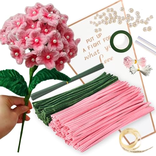 Dunkelrosa Blumenstrauß Pfeifenreiniger Set mit 150 Stück Pfeifenputzer Bunt mit 2 Farben（Dunkelrosa,Grün),8 Grün Basteldraht,40 Perles,40 Corolla,Geschenkpapier,Geschenkband, Klebeband von HanCheng