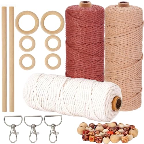 HanCheng 3PCS 60m Makramee Garn 3mm Farbig,Makramee Garn Set Bunt mit 40 Holzperlen,6 Holzringe,2 Holzstäbchen,3 Schlüsselanhänger（Beige,Bordeaux,Altrosa） von HanCheng