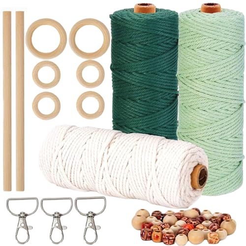 HanCheng 3PCS 60m Makramee Garn 3mm Farbig,Makramee Garn Set Bunt mit 40 Holzperlen,6 Holzringe,2 Holzstäbchen,3 Schlüsselanhänger（Beige,Dunkelgrün,Hellgrün） von HanCheng