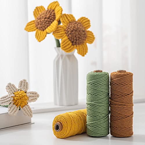 HanCheng 60m x 3mm Makramee Garn Bunt 3er Set,Farbig Makramee Set mit 8 Sticks Grün Basteldraht,Geschenkpapier,Geschenkband,Stecknadeln, DIY Sonnenblumen Set—Karamell,Senf Gelb,Avocado Grün von HanCheng