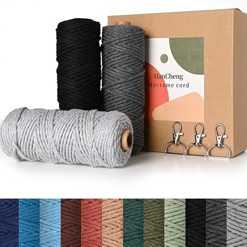 HanCheng 60m x 3mm Makramee Garn Bunt Farbverlauf 3er Set,Farbig Makramee Set mit 3 Schlüsselanhänger—Farbverlauf Grau:Schwarz,Dunkelgrau,Hellgrau von HanCheng