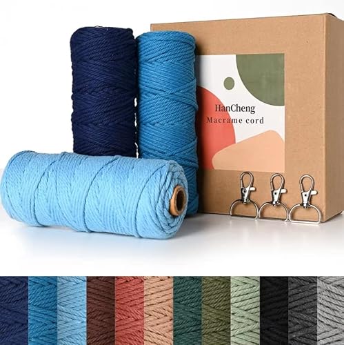 HanCheng 60m x 3mm Makramee Garn Bunt Farbverlauf 3er Set,Farbig Makramee Set mit 3 Schlüsselanhänger—Farbverlauf Blau:(DunkelBlau,Seeblau,Hellblau) von HanCheng