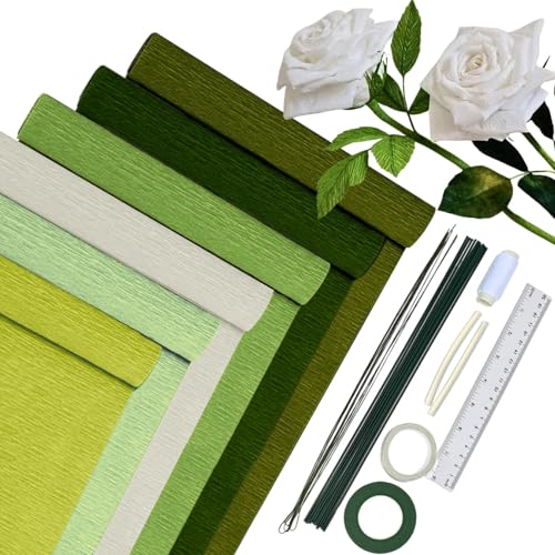 Krepppapier 6er Set Bunt,6 Rollen 25 x200cm Krepppapier Verlaufsgrün mit 15 Blumendraht,Floristenband,Doppelseitiges Klebeband,Lineal,Nähgarn,Krepppapier Blumen Basteln(Grüne Serie) von HanCheng
