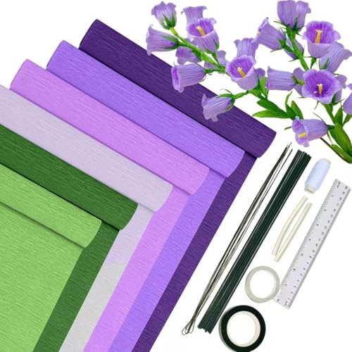 HanCheng Krepppapier 6er Set Bunt, 6 Rollen 25 x 200cm Verlaufslila mit 15 Blumendraht, Floristenband, Doppelseitiges Klebeband, Lineal, Nähgarn, Krepppapier Blumen Basteln (Violett Serie) von HanCheng
