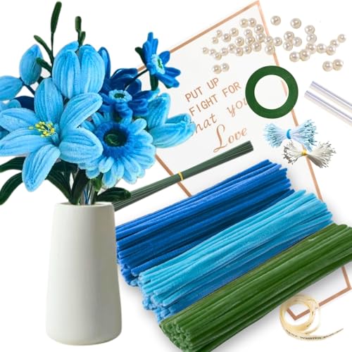 Pfeifenreiniger Blumen Kit mit 150 Pcs Pfeifenputzer Bunt in 3 Farben(DunkelBlau,Hellblau,Grün),8 Blumendraht Grün,40 Perles,40 Staubgefäße,Kreppband,Blumenpapier,Geschenkband von HanCheng