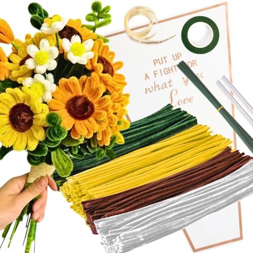Sonnenblumen Blumenstrauß Pfeifenreiniger Set mit 150 Stück Pfeifenputzer Bunt mit 4 Farben（Braun,Goldgelb,Weiß,Blattgrün),8 Stück Grün Basteldraht,Geschenkpapier,Geschenkband, Klebeband von HanCheng
