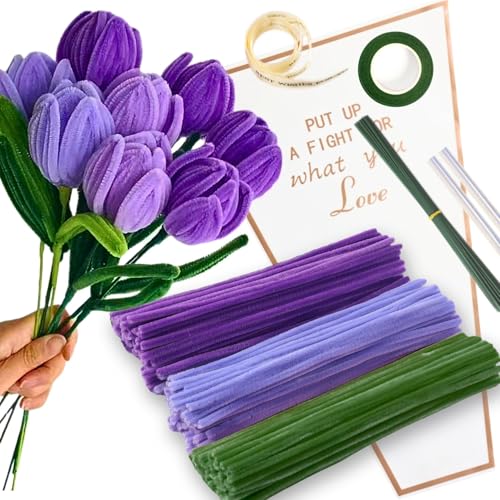 Tulpe Blumenstrauß Pfeifenreiniger Set mit 150 Stück Pfeifenputzer Bunt mit 3 Farben（Hellviolett,Mittel Violett,Blattgrün),8 Stück Grün Basteldraht,Geschenkpapier,Geschenkband,Bastelkleber,Klebeband von HanCheng