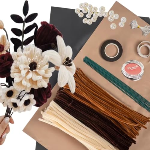 Vintage Pfeifenreiniger Blumen Kit mit 200 Pcs Pfeifenputzer in 3 Farben(Dunkelbraun,Hellbraun, Hautton),10 Blumendraht,40 Perles,40 Staubgefäße,Kreppband,Blumenpapier,Geschenkband von HanCheng
