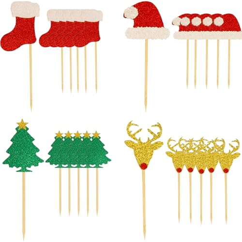 Weihnachtsbäckereidekoration & Party Picks Set 24 Stück Weihnachtsspieße & Cupcake-Topper Lebensmittelechte Spieße für Cupcakes, Muffins, Cocktails, Desserts & Käseplatten (Rot) von HanQZen