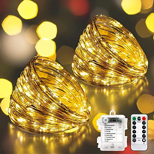 HanYun 10 M Lichterkette, 2 Pack 8 Modi lichterkette batterie fairy lights draht lichterkette mit Remote-Timer für Zimmer Weihnachten Party Deko wohnzimmer Warmweiß (Warmweiß) von HanYun