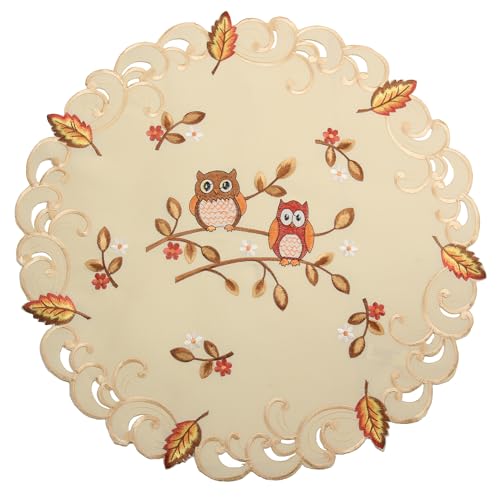 Eulen Mitteldecke Tischdecke Tischläufer Kissenhülle Leinen-Optik Creme Beige Herbst Blatt Stickerei - Größe wählbar (ca. 60 cm Rund) von HanaQi