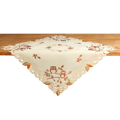 HanaQi Bestickte Eulendecke mit Herbstblätter-Design - 100% Polyester, Dekorative Spitzenausschnitte, 85 x 85 cm Quadratisch (85 X 85 cm) von HanaQi