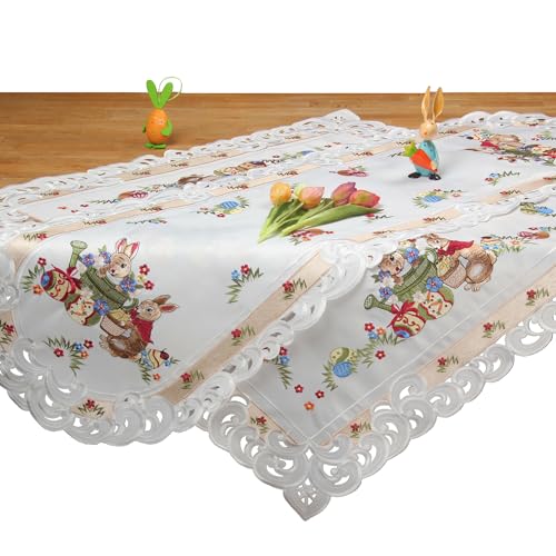 HanaQi - Ostern Tischläufer, Tischdecke Weiß mit Häschen Narzissen Stickerei, Polyester ca. 45x170 cm OVAL von HanaQi