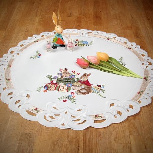 HanaQi - Ostern Tischläufer Tischdecke Weiß mit Häschen Narzissen Stickerei, ca. Rund 60 cm von HanaQi