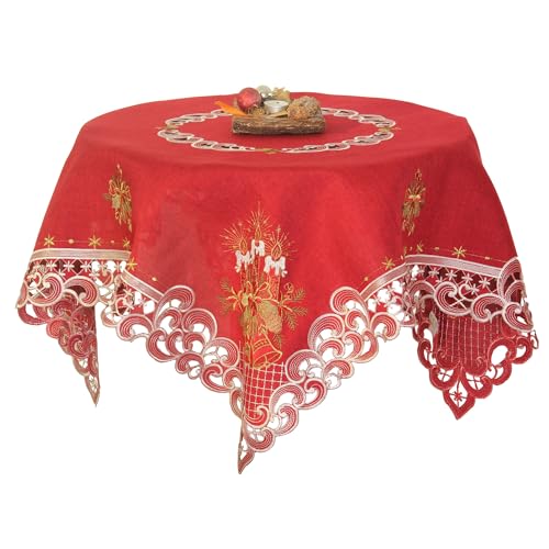 Weihnachten Tischdecke Tischläufer Dunkelrot Leinenoptik Rot Kerzen Stickerei (ca 110x110 cm Eckig) von HanaQi