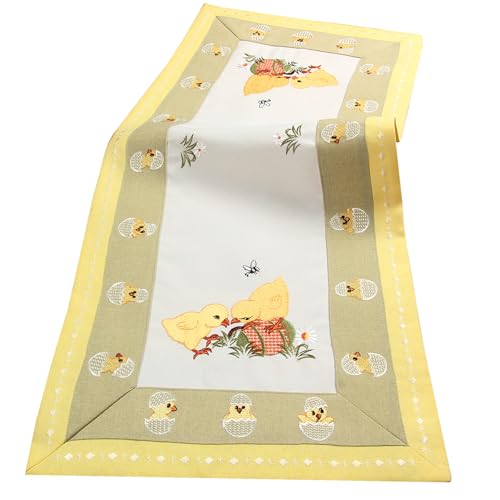 Oster-Tischdecke, Tischläufer mit Küken-Motiv, Weiß-Gelb, Dekorative Tischdecke mit Stickerei, Polyester (40x90_cm) von HanaQi