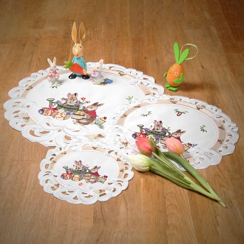 Ostern Tischläufer Tischdecke Weiß mit Häschen Narzissen Stickerei ca. Rund 20 cm von HanaQi
