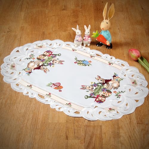 HanaQi - Ostern Tischläufer Tischdecke Weiß mit Häschen Narzissen Stickerei, Polyester ca. 30x45 cm, Oval von HanaQi