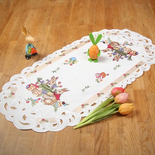 HanaQi - Ostern Tischläufer, Tischdecke Weiß mit Häschen Narzissen Stickerei, Polyester ca. 35x70 cm OVAL von HanaQi