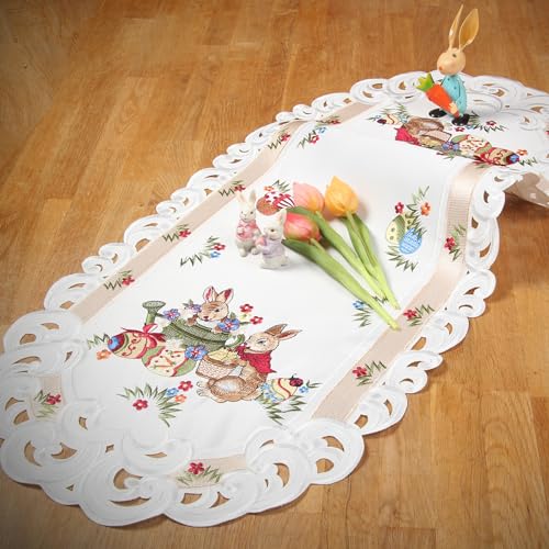 Ostern Tischläufer-Tischdecke Weiß mit Häschen Narzissen Stickerei Polyester ca. 40x90 cm von HanaQi