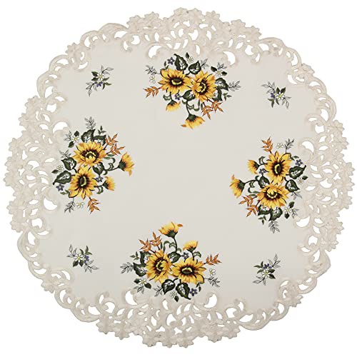 HanaQi Stickerei Sonnenblumen Mitteldecke auf Ecru - Crème Satin Optik Polyester Grundfarbe, ca. 60 cm Rund von HanaQi