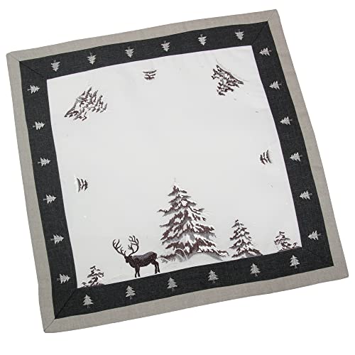 Weihnachten - Winter - Hirsch Stickerei Leinenoptik Polyester Mitteldecke ca. 57 x 57 cm, Grau - Weiß von HanaQi