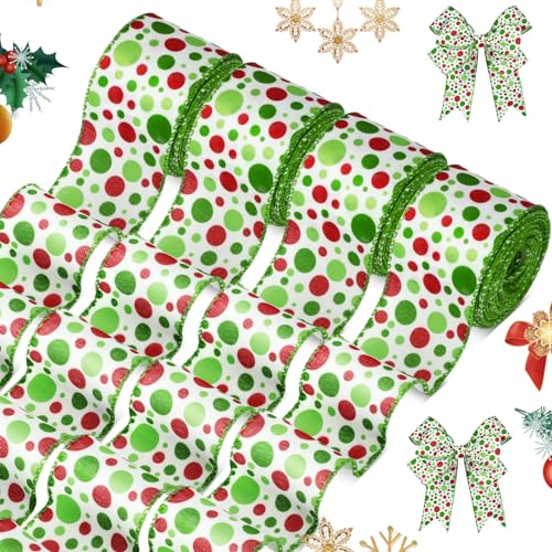 Hanaive 4 Rollen Weihnachtsband mit Draht, Weihnachtsbaum-Bänder, Grün / Rot, gepunktet, Weihnachtsbänder, DIY-Dekoration für Kränze, Geschenkverpackungen (6,3 cm, 6 m) von Hanaive