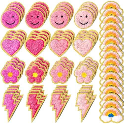 Hanaive Chenille-Flicken, selbstklebend, 3D, niedlich, bestickt, Regenbogenblitz, Lächeln, Gesicht, Herz, Applikation, Nähabzeichen, Aufnäher für Stoff, Kleidung, Jacken, Jeans, DIY (Hellrosa Hanaive Chenille-Flicken, selbstklebend, 3D, niedlich, bestickt, Regenbogenblitz, Lächeln, Gesicht, Herz, Applikation, Nähabzeichen, Aufnäher für Stoff, Kleidung, Jacken, Jeans, DIY (Hellrosa von Hanaive