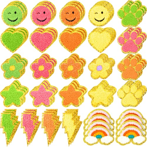 Hanaive Chenille-Flicken, selbstklebend, 3D, niedlich, bestickt, Regenbogenblitz, Lächeln, Gesicht, Herz, Applikation, Nähabzeichen, Aufnäher für Stoff, Kleidung, Jacken, Jeans, DIY (Neonfarbe Hanaive Chenille-Flicken, selbstklebend, 3D, niedlich, bestickt, Regenbogenblitz, Lächeln, Gesicht, Herz, Applikation, Nähabzeichen, Aufnäher für Stoff, Kleidung, Jacken, Jeans, DIY (Neonfarbe von Hanaive