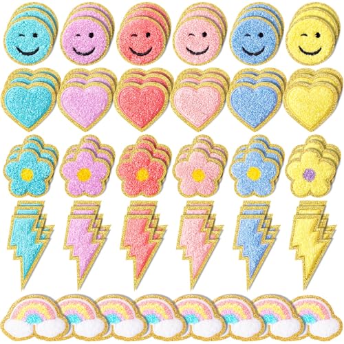Hanaive Chenille-Flicken, selbstklebend, 3D, niedlich, bestickt, Regenbogenblitz, Lächeln, Gesicht, Herz, Applikation, Nähabzeichen, Aufnäher für Stoff, Kleidung, Jacken, Jeans, DIY (Pastellfarben Hanaive Chenille-Flicken, selbstklebend, 3D, niedlich, bestickt, Regenbogenblitz, Lächeln, Gesicht, Herz, Applikation, Nähabzeichen, Aufnäher für Stoff, Kleidung, Jacken, Jeans, DIY (Pastellfarben von Hanaive