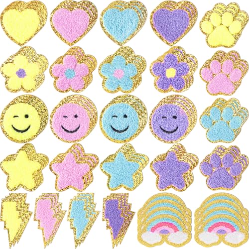 Hanaive Chenille-Flicken, selbstklebend, 3D, niedlich, bestickt, Regenbogenblitz, Lächeln, Gesicht, Herz, Applikation, Nähabzeichen für Stoff, Kleidung, Jacken, Jeans, DIY (Macaron, niedlich), 80 von Hanaive