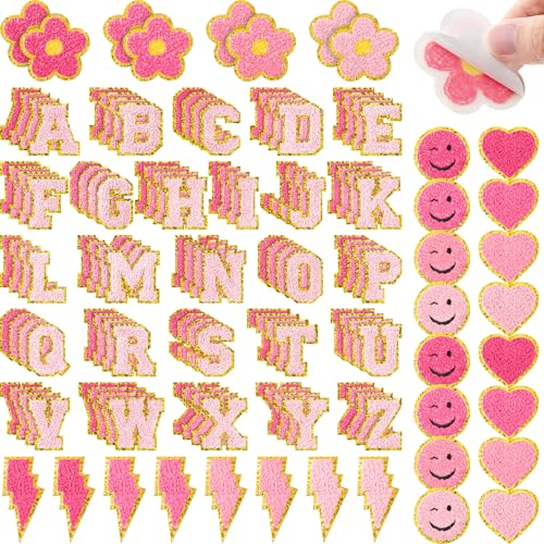 Hanaive Chenille-Patches zum Aufbügeln für Kleidung, Buchstaben, selbstklebend, Chenille-Flicken, niedliches Regenbogen-Lächeln, Herz, für Jeans, bestickte Applikation (Rosa), 136 Stück von Hanaive