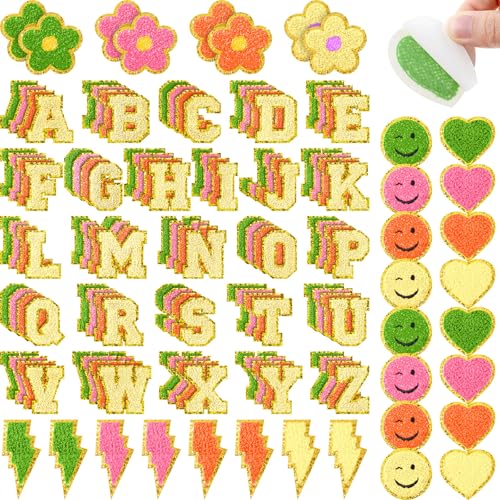 Hanaive Chenille-Patches zum Aufbügeln für Kleidung, Buchstaben, selbstklebend, Chenille-Flicken, niedliches Regenbogen-Lächeln, Herz, für Jeans, bestickte Applikation (niedlicher Stil, Neonfarbe von Hanaive
