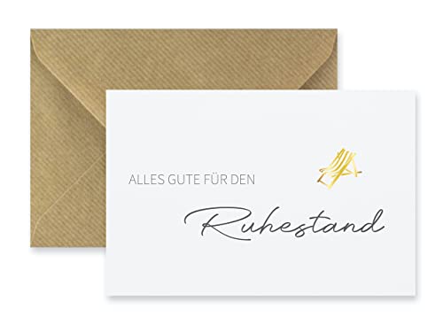 1 Premium Karte Ruhestand + Grußkarte alles Gute für den Ruhestand Rente Pension, + 1 Naturumschlag (Klappkarte) - 10,5x14,8cm edles Premiumpapier von Handarbeit - Lieblingsladen