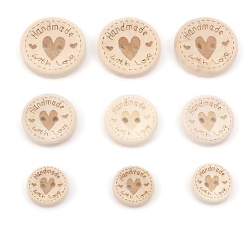 100 Holzknöpfe natur handmade with love, in den Größen 25mm, 20mm und 15mm (ca. 34 Stück von jeder Größe) rund, 2-Loch Knopf Knöpfe zum aufnähen annähen Zweilochknöpfe 2-Loch von Handarbeit - Lieblingsladen